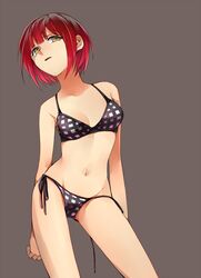 bikini checkered checkered_panties danganronpa danganronpa_2:_goodbye_despair freckles gray_background green_eyes koizumi_mahiru pale_skin red_hair short_hair small_breasts straight_hair super_danganronpa_2 swimsuit tomari_(veryberry00) underwear