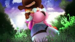 chubby_female cowboy_hat cowgirl cyana_(p.m._seymour) field grin huge_breasts looking_at_viewer open_shirt pinup_pose plump pointing_at_viewer short_shorts spats thick_thighs winking