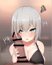 ars_almal blue_eyes blush camisole dark-skinned_male dark_skin female male nijisanji penis penis_awe penis_on_face short_hair straight virtual_youtuber white_hair zijou