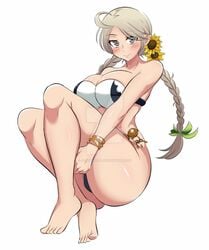 1girls alternate_breast_size azmiyudista bare_thighs big_breasts bikini blush braided_hair breasts closed_mouth feet female female_only fire_emblem fire_emblem_fates fire_emblem_heroes flower grey_eyes grey_hair hair_flower hair_ornament highres key large_breasts looking_at_viewer nina_(fire_emblem) nintendo smile solo swimsuit thighs voluptuous watermark white_background