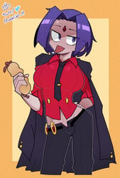 1girls big_breasts breasts clothed clothing cosplay crossover dc dc_comics demon female female_only fully_clothed grey_skin helltaker humanoid malmijal_hyang marumi_scent purple_hair rachel_roth raven_(dc) short_hair solo superheroine teen_titans tongue tongue_out