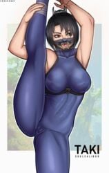 armpits bodysuit cameltoe covered_navel erect_nipples erodrunky female_focus female_only hentai_foundry human lesseinsanimer looking_away ninja one_leg_raised one_leg_up skin_tight slender_waist solo soul_calibur taki tight_fit