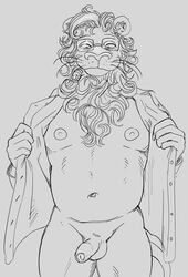 1boy 2020 absurd_res anthro balls beastars black_and_white bottomless clothed clothing eyewear felid flaccid foreskin genitals glasses grey_background hi_res ibuki_(beastars) lion looking_at_viewer male male_only mammal mane monochrome musclegut muscular muscular_anthro muscular_male navel nipples open_clothing open_shirt open_topwear pantherine penis presenting presenting_penis shirt simple_background smagma solo standing topwear uncut whiskers