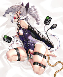 ball_gag barefoot bondage bronya_zaychik cable commentary_request dildo drill_hair female gag ginklaga grey_eyes grey_hair hand_pump harness highres honkai_(series) honkai_impact_3rd looking_at_viewer lying monoglove nipple_clamps object_insertion on_side pump restrained sex_toy solo tube vaginal_object_insertion vaginal_penetration