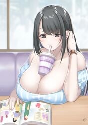 brown_eyes brown_hair cleavage drinking female huge_breasts indoor long_hair looking_at_viewer original original_character reading schoolgirl shirt sitting tapioca_challenge