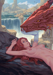 bigrbear blue_eyes breasts cliff detailed_background dragon female glove hand_up human long_hair lying_down medium_breasts navel nude nude_female outdoors outside painting_(artwork) red_hair slim water