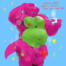 1:1 2020 absurd_res anthro armpit_hair balls barney_and_friends barney_the_dinosaur belly bodily_fluids body_hair burrnie dinosaur english_text genital_fluids genitals green_body hi_res humanoid_genitalia humanoid_penis male male_only moobs musk navel nipples penis precum purple_body reptile right_in_the_childhood scalie solo text