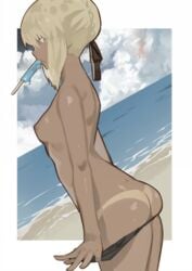 1girls artoria_pendragon artoria_pendragon_(alter) beach bikini bikini_bottom_pull blonde_hair cloud clouds club3 dark_skin fate/grand_order fate_(series) female female_only hair_ribbon ice_pop icicle_pop nanaya_(daaijianglin) nipples sand short_hair sky solo tan tan_body tan_skin tanline tanned third-party_edit topless water yellow_eyes