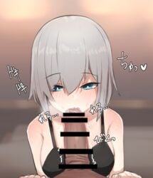 ars_almal blue_eyes blush camisole dark-skinned_male dark_skin fellatio female male nijisanji penis short_hair straight virtual_youtuber white_hair zijou