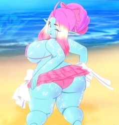 ass beach big_ass big_breasts bikini blep blue_skin breasts cyana_(p.m._seymour) elf freckles frills hair_bun large_ass on_knees pinup presenting riley_moore_(artist) shortstack sideboob thick_thighs tongue_out wide_hips winking