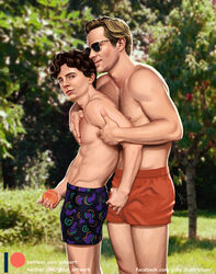 2boys abs actor age_difference armie_hammer brown_hair call_me_by_your_name_(2017) caucasian caucasian_male celebrity crotch_grab dirty_blonde_hair elio_perlman erect_nipples erection_under_clothes gabo_artist gay hand_on_chest holding_penis human human_only in_character male male/male male_only muscles muscular muscular_male oliver_(call_me_by_your_name) outdoors outside peach_(fruit) pecs shorts shorts_only summer sunglasses timothee_chalamet topless yaoi