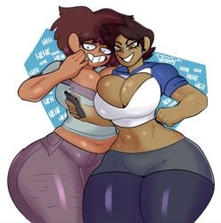 2020 2d 2d_(artwork) 2d_artwork 2girls aged_up alternate_breast_size amphibia anne_boonchuy big_ass big_breasts crossover dark-skinned_female disney disney_channel english_text female female_focus female_only holding_phone jeans large_breasts luz_noceda mrjaysin multiple_girls phone short_hair smiling straight_hair text the_owl_house