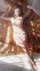 1girls 3d bed bed_sheet bedroom berserk blanket breasts brown_hair cgi charlotte_(berserk) dasupanoob female human light-skinned_female light_skin long_hair nipples nude pillow princess pubic_hair relaxing small_breasts solo sunlight window