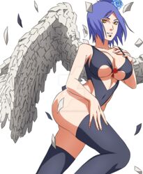 1girls akatsuki_(naruto) angel_wings big_breasts blue_hair breasts cleavage cleavage_cutout collarbone cutout deboratesta deviantart eyeliner eyeshadow facial_piercing female female_only flower hair_flower hair_ornament konan large_breasts leotard makeup naruto naruto_(series) naruto_shippuden orange_eyes paper piercing side_bun smile solo stockings tied_hair watermark wings