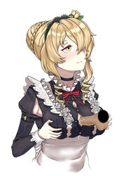 apron black_bra black_choker blonde_hair bra bra_peek breasts button_gap choker cum cum_on_body cum_on_breasts disembodied_penis drill_locks female graphite_(medium) hair_bun hair_over_one_eye large_breasts long_sleeves maid paizuri paizuri_under_clothes penis perpendicular_paizuri sidelocks theo1227 traditional_media underwear upper_body waist_apron warship_girls_r white_apron yellow_eyes