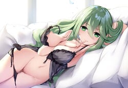 373012201 arm_behind_head arm_between_breasts armpits ass_visible_through_thighs babydoll bangs between_breasts black_babydoll black_panties bow breasts censored commentary_request date_a_live eyebrows_visible_through_hair female finger_to_mouth frills green_eyes green_hair hair_between_eyes heart heart-shaped_pupils kyouno_natsumi long_hair looking_at_viewer lying medium_breasts mosaic_censoring navel nipples on_bed on_side one_breast_out panties panty_pull petals pixiv pussy_juice shiny shiny_hair side-tie_panties smile solo stomach strap_slip symbol-shaped_pupils underwear