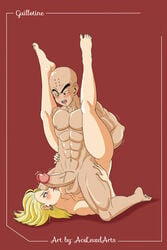 1boy 1girls acelewdarts android_18 big_penis blonde_hair dragon_ball dragon_ball_z earrings flexible husband_and_wife krillin kuririn licking licking_penis unusual_position