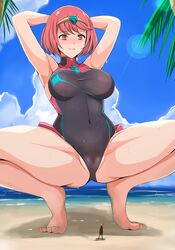 1girls beach blush cameltoe cloud colored commission giantess hands_behind_head larger_female nintendo nonoririn ocean one-piece_swimsuit palm_tree pyra red_eyes red_hair size_difference sky smaller_male spread_legs squatting standing_on_tip_toes sweaty swimsuit thick_thighs xenoblade_(series) xenoblade_chronicles_2