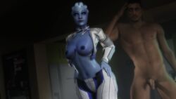 1boy 1girls 3d 3d_(artwork) alien alien_girl asari before_sex bioware blue_eyes blue_skin breasts clothing dark-skinned_male dark_skin female flaccid freckles half-dressed human indian indian_male interspecies jallersfm liara_t'soni looking_at_another looking_at_partner looking_back looking_pleasured mass_effect mass_effect_3 soft_penis source_filmmaker