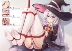 arms_behind_back black_clothing blue_eyes bondage cameltoe clothing elaina_(majo_no_tabitabi) feet gag hat long_hair majo_no_tabitabi panties pussy_juice rope soles thighhighs toes white_hair witch witch_hat yiduan_zhu