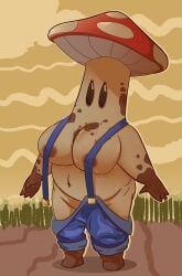 absurd_res anthro big_breasts breast_squish breasts clothing elemental_creature female fungi_fauna fungus hi_res huge_breasts looking_at_viewer mouthless mushroom_humanoid nipple_slip nsft overalls overalls_only solo squish