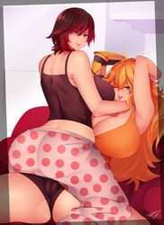 2girls ass big_ass big_breasts breasts cleavage female female_only female_protagonist half_siblings half_sisters huge_breasts incest large_breasts looking_at_viewer looking_back nachocobana open_mouth prosthetic prosthetic_arm robotic_arm ruby_rose rwby seductive seductive_smile sisters tongue tongue_out yang_xiao_long