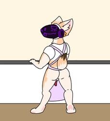 anthro apron apron_only ass clothing fur genitals izzy_(character) looking_at_viewer machine male male_only mostly_nude penis protogen screen screen_face simple_background solo tan_body tan_fur theprotoboye