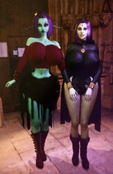 2girls 3d alternate_breast_size areolae big_breasts big_hips breasts breasts_bigger_than_head cambion clothing dc dc_comics demon demon_girl elf female female_only garry's_mod gigantic_breasts gmod green_skin half_demon hand_on_hip hips hourglass_figure huge_breasts hybrid large_hips leotard looking_at_viewer multiple_females multiple_girls necklace nipples purple_hair rachel_roth raven_(dc) slim_waist small_waist soria teen_titans thin_waist top_heavy unreal_tournament vaako wasp_waist