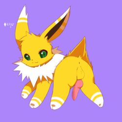 1:1 absurd_res animal_genitalia animal_penis anus balls canine_penis eeveelution feral fur genitals green_eyes hi_res jolteon knot kryztar male nintendo paws penis pokémon_(species) pokemon pokemon_(species) presenting ring_eyes smile solo video_games vovo white_body white_fur yellow_body yellow_fur