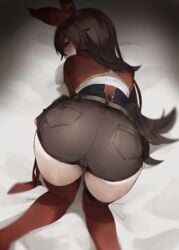 all_fours amber_(genshin_impact) ass bent_over big_ass big_butt female from_behind genshin_impact huge_ass kiyomasa_(dangan) shorts thick_thighs thighhighs