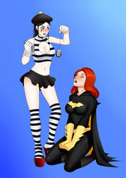 absurdres barbara_gordon batgirl batman_(series) black_hair blush bodysuit breasts cape cleavage dc dc_comics emblem female_only femdom femsub gloves hat high_heels hypnosis kneeling lipstick makeup mime mimestress_(sumdudehere) mind_control oo_sebastian_oo open_mouth original pendulum red_hair simple_background skirt spiral spiral_eyes striped_legwear striped_topwear stripes superheroine symbol_in_eyes thighhighs turning_the_tables western