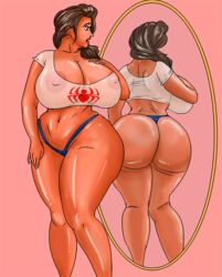 big_ass big_breasts big_butt bimbo blue_panties breasts breasts_bigger_than_head butt_crack female female_only genderbend genderswap_(mtf) huge_ass huge_breasts human human_only light-skinned_female light_skin looking_at_self marvel mirror nipple_bulge nipples_visible_through_clothing no_pants panties peter_parker revealing_clothes rule_63 saturnxart see-through_clothing shocked_expression solo solo_female spider-man spider-man_(series) tanned_skin transformation