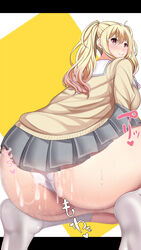 1girls ass big_ass blonde_hair blush bottom_heavy cum cum_on_ass female huge_ass large_ass long_hair panties project_sekai red_eyes school_uniform semen smile socks squatting sweat tenma_saki thick_ass twintails white_panties yeneisha