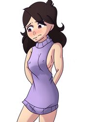 1girls blush breasts clothed clothed_female embarrassed female female_focus female_only fully_clothed jaiden jaiden_animations jaidenanimations long_hair medium_breasts nipple_bulge see-through shy sideboob simple_background solo solo_female somebodyendme18 virgin_killer_sweater youtube youtuber