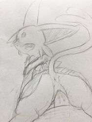 3:4 3_toes anus blush bodily_fluids clothing disembodied_penis duo ears_up eeveelution eiroru espeon female female_penetrated feral from_behind_position fur genital_fluids genitals graphite_(artwork) hat headgear headwear hi_res long_ears lying male male_penetrating male_penetrating_female nintendo on_back open_mouth pencil_(artwork) penetration penis pokémon_(species) pokemon pokemon_(species) pussy pussy_juice raised_tail sex simple_background snout solo_focus spread_legs spreading straight tailwag tears toes tongue tongue_out traditional_media_(artwork) uncensored vaginal_penetration video_games