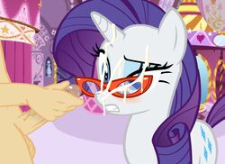 accurate_art_style blush bodily_fluids cum cum_on_face duo equid equine eyewear female feral friendship_is_magic genital_fluids genitals glasses horn horse human human_male kajio male mammal my_little_pony penis pony rarity_(mlp) unicorn