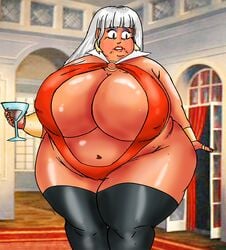 alcohol alternate_breast_size ass bangs cosplay gilf huge_breasts huge_hips pokemon saturnxart thighhighs vampirella_(cosplay) wine_glass