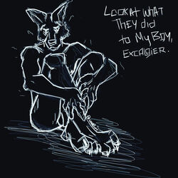 anthro black_and_white bodily_fluids briznaburr canid canine canis danxer_wrakem dark distressed forced forced_exposure fox gripping_legs hi_res humanoid hybrid male male_only mammal monochrome nude shaking sketch solo son tears text traumatized wolf