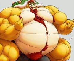 4_fingers animal_humanoid anthro armpit_hair belly big_belly big_bulge big_muscles bodily_fluids body_hair bowser bulge croconut fingers gesture hair hi_res horn huge_bulge huge_muscles humanoid hyper hyper_belly hyper_bulge hyper_muscles itzcharlie kosmonius male male_only mario_(series) muscle musclegut muscles muscular necktie nintendo open_mouth pointing red_hair scalie scalie_humanoid shell solo solo_male spiked_shell spikes spikes_(anatomy) sweat video_games