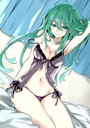 7a61 babydoll bed blush breasts clavicle cleavage curves date_a_live fan_colored female full_cleavage green_eyes green_hair high_resolution hips kyouno_natsumi large_breasts legs light-skinned lingerie long_hair looking_at_viewer medium_breasts mound_of_venus naughty_face navel negligee off_shoulder one_arm_up pantsu side-tie_panties sitting smile solo strap_slip string_panties tsunako underwear very_high_resolution very_long_hair wide_hips