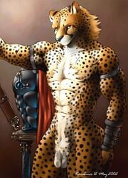 2002 anthro balls cheetah felid feline foreskin fur genitals hair hi_res humanoid_genitalia humanoid_penis karabiner male male_only mammal nipples nude pantherine penis pinup pose simple_background smile solo uncut