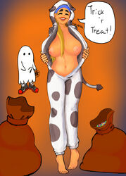 1girls 2020 alphacetza barefoot blonde_hair breasts cartoon_network closed_eyes cow_print erection_under_clothes feet female female_focus ghost_costume large_breasts lindsay_(tdi) navel nipples onesie open_clothes orange_background simple_background smile text total_drama_island