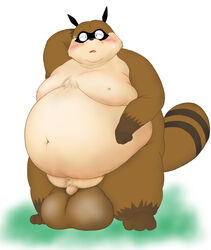 2011 anthro balls belly big_balls blush brown_body brown_fur canid canine doguma-sin fur genitals hachiemon inuyasha male mammal moobs nipples obese overweight overweight_male penis raccoon_dog solo tanuki