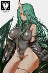 1girls alternate_eye_color arknights big_breasts blush green_eyes green_hair horn hoshiguma_(arknights) long_hair olalehee oni solo