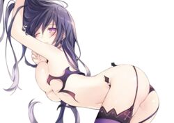 against_wall ass black_panties black_underwear blush breasts closed_mouth date_a_live female female_only high_resolution in_profile long_hair looking_at_viewer looking_to_the_side navel official_art one_arm_up pantsu purple_eyes purple_hair purple_legwear simple_background solo stomach thighhighs top-down_bottom-up topless tsunako underboob underwear white_background yatogami_tohka