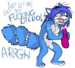 angry anthro artist_request blue_body blue_fur breasts canid canine crazy crazy_eyes cum_on_dildo dildo edit english_text excited featureless_breasts female female_only fierce foaming foaming_at_mouth foaming_at_the_mouth fox fox_girl frothing_mouth fur furry hair krystal krystal_can't_enjoy_her_sandwich nintendo nude rabies red_eyes simple_background solo star_fox video_games white_body white_fur