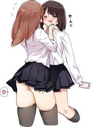 2girls black_skirt black_stockings blush busty curvy cute embarrassed female_only female_pervert heart holding_collar kaisen_chuui lifted_by_another lifting lifting_person multiple_girls original original_character pervert pleated_skirt school_uniform schoolgirl short_skirt skirt stockings thick_thighs white_shirt yuri