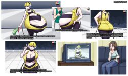 alternate_breast_size angry aroused bbw belly_bulge blonde_hair cleavage dialogue digestion elesa_(pokemon) english_text female groping_breasts hair_accessory hat hilda_(pokemon) hourglass_figure huge_breasts huge_butt humiliation implied_vore looking_at_viewer maniacalfork mother_(pokemon_bw) pokemon pokemon_bw vore weight_gain