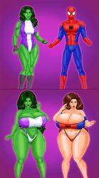 1boy 3girls bikini bimbo bimbofication body_modification breasts_bigger_than_head female gender_transformation green-skinned_female green_skin huge_ass huge_breasts huge_hips hulk_(series) human light-skinned_female light_skin looking_pleasured male marvel marvel_comics panties revealing_clothes rule_63 saturnxart she-hulk spider-man spider-man_(series) straight_hair transformation wide_hips