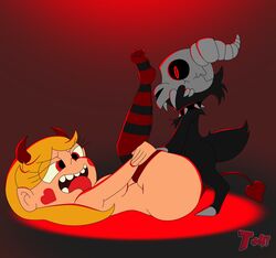 black_fur blonde_hair crossover demon devil_horns disney female holding_legs king_clawthorne lewdacris lewdacris8008 missionary missionary_position red_background red_eyes sideboob skull_mask spiked_collar star_butterfly star_vs_the_forces_of_evil straight_hair striped_thighhighs t+4t the_owl_house thighhighs